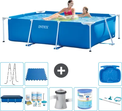 Produktbild von Intex-Schwimmbecken mit rechteckigem Rahmen – 220 x 150 x 60 cm – Blau – im Lieferumfang enthalten Abdeckung - Wartungspaket - Filterpumpe für Schwimmbad - Filter - Reinigungskit - Leiter