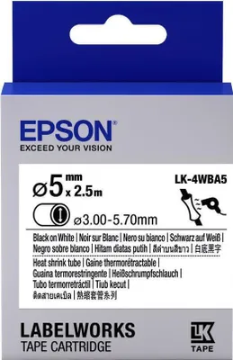 Produktbild von Epson Etikettenkassette LK-4WBA5 - Schrumpfschlauch - schwarz auf weiß - 5mm Durchmesser (2,5m), Schwarz auf weiss, Japan, 5 mm, LabelWorks LW-1000P LabelWorks LW-300 LabelWorks LW-400 LabelWorks LW-400VP LabelWorks LW-600P..., 1,2 cm, 2,5 m