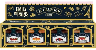 Produktbild von St Dalfour Emily in Paris Mini Fruchtaufstrich Probierset: Erdbeere, Himbeere, Heidelbeere, Aprikose, 4 x 28g, ohne Zuckerzusatz, 100% Frucht
