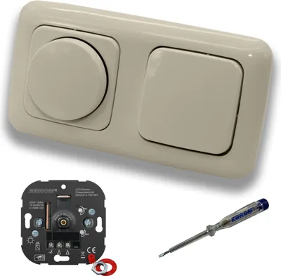 Produktbild von EBROM 1001 LED Drehdimmer Dimmer + Busch Jäger Dimmerscheibe 2115-212 und Lichtschalter 2000/6 US in DURO2000 cremeweiß glänzend inklusive EBROM Phasenprüfer zur Montage der Geräte