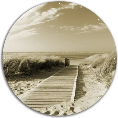 Produktbild von Wallario rundes Outdoor-Poster für Garten oder Balkon, Motiv Auf dem Holzweg zum Strand in Sepiafarben, 60 cm Durchmesser