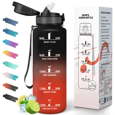Produktbild von Trinkflasche 1L auslaufsicher mit Strohhalm, Motivationsskala, Wasserflasche