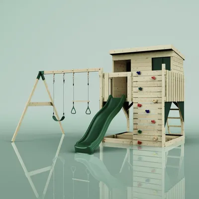 Produktbild von OutdoorToys Spielturm Nils aus Holz in Grün Dunkelgrün, mit Trapezstange