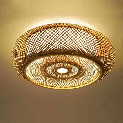 Obrázek produktu pro Stropní lampa Stropní lampa Bambusová lampa XXL 50 cm dřevo Tkaný obývací pokoj Kancelář Retro E27 Stropní závěsná lampa Retro Vintage ratan Kavárna Lustr do obývacího pokoje Lustr lampa