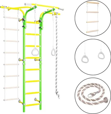Produktbild von Sprossenwand für Kinder Indoor Klettergerüst aus Metall mit Schiebebügel und Gymnastikräder  – Comet Next 2, hellgrün