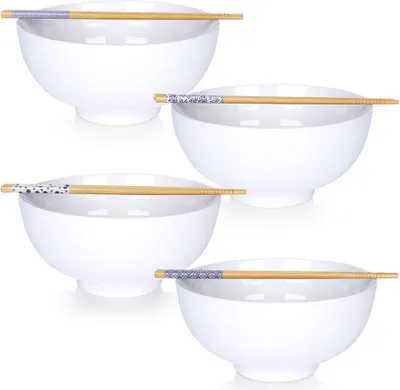 Image de Vilde | Bol à Ramen avec baguettes - lot de 4 - Bols à soupe asiatique en porcelaine 1,6 L