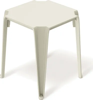 A single, beige plastic side table is shown against a white background.