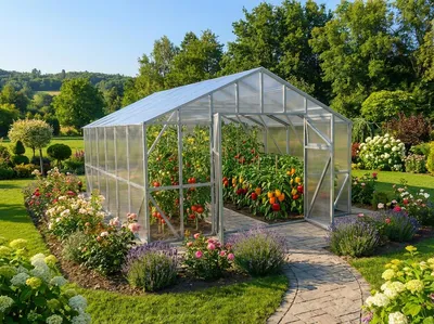 Zdjęcie produktu dla Szklarnia poliwęglanowa Garden Dream "Victoria Delux" 4x6m wykonana ze stali, z 10mm poliwęglanu. Z dużymi podwójnymi drzwiami