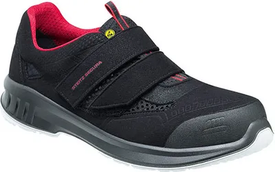 A single black safety shoe with red accents and gray sole is shown against a white background.