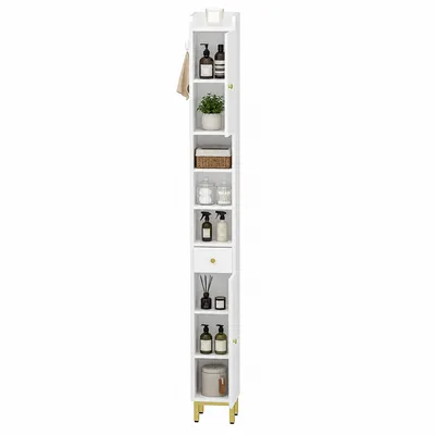 Produktbild von Badezimmer-Hochschrank Weiß, 2 Türen + Schublade, verstellbares Regal, offenes Fach, vielseitig für Bad/Wohnzimmer/Arbeitszimmer