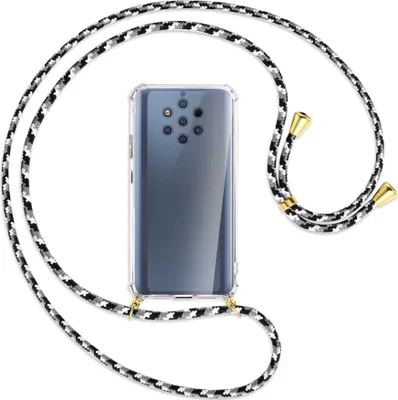 Produktbild von Handykette Backcover-Schutzhülle mit Band (Metall goldfarben) für Nokia 9 PureView - schwarz/grau/weiß