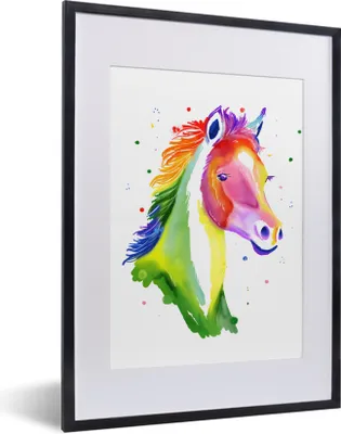 Produktbild von MuchoWow® MuchoWow® Gerahmtes Poster Pferd - Regenbogen - Weiß - Mädchen - Kinder - Mädchen 30x40 cm - Poster mit zchwarzem Bilderrahmen - Wandposter Schlafzimmer