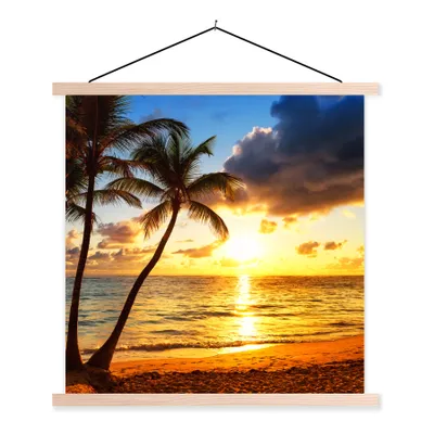 Produktbild von MuchoWow® Textilposter Strand - Horizont - Sonnenuntergang - Palme - Meer 120x120 cm mit holzfarbenen Rahmen - Textil-Poster