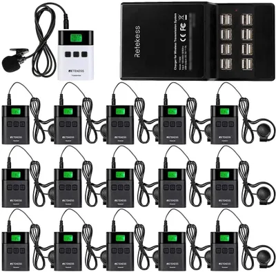 A product display of a wireless tour guide system and its charging station.