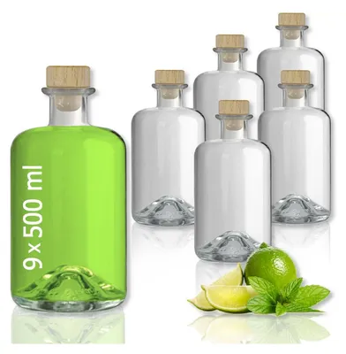 Produktbild von 9 Glasflaschen 500 ml leer zum selbst Befüllen mit Korken Apothekerflasche Essig Öl leere Flasche Schnapsflaschen Likörflaschen