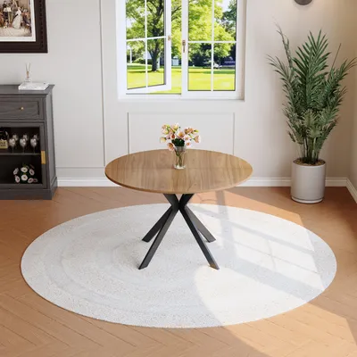 Image de Table à manger ronde, style moderne, aspect noyer, MDF, piètement en X noir, cuisine, salon, 110 cm