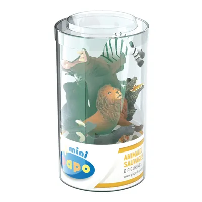 A clear plastic container filled with miniature wild animal figurines.