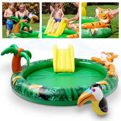 Produktbild von ONBEST Planschbecken Djungle mit Flickset | Gartenschlauchanschluss | Aufblasbar | Poolrutsche
