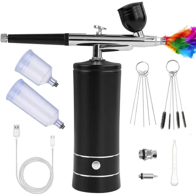 Produktbild von Tragbares Airbrush Set,Airbrush Kompressor Set tragbar 0,3mm Düse 2 Druckstufen USB-C Aufladung für Make-up Nailart Kuchen Modellbau