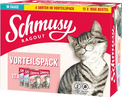 Produktbild von Schmusy Ragout | Multibox Huhn, Rind, Lachs, Ente| Frischebeutel | SAUCE | 4 x 12 x 100 g (VE)