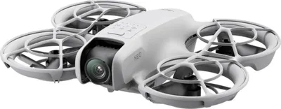 A white drone with a camera on a white background.