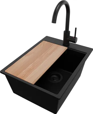 Produktbild von PRIMAGRAN Granitspüle Alles Schwarz 38x50cm, Spülbecken 1 Becken + Küchenarmatur 32x20cm + Ablauf-Set + Schneidebrett, Küchenspüle ab 40er Unterschrank - Oslo