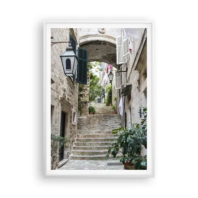 Produktbild von Gerahmtes Poster - Weißer Rahmen - Kroatien Treppe Dubrovnik - 70x100 cm - Wand Bild - Wanddeko - Wandbilder - Kunstposter - Wandposter - Bilderrahmen - Bilder - Kunstdruck - P2WPA70x100-5150