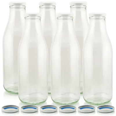 Produktbild von Milchflasche 1 Liter Glasflasche transparent mit 6 Flaschen & 12 Deckeln in weiß – spülmaschinenfest, praktisch für Vorratshaltung