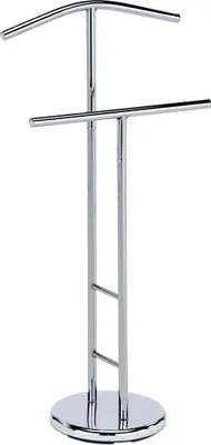 A chrome valet stand with a hanger and a bar for trousers or towels.