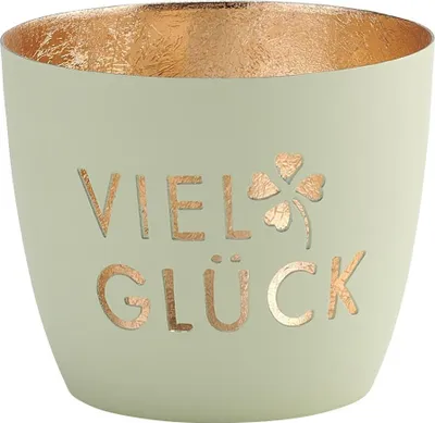 Produktbild von Gift Company Windlicht Madras Viel Glück M, Teelichthalter, Kerzenhalter, Eisen, Pastellgrün, Gold, 8.5 cm, 1091704079