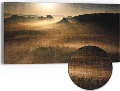 Produktbild von DEQORI Hybrid Leinwand Bild 60x30 cm 'Goldener Waldhauch' Wandbild Glas flach modern