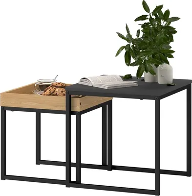 Image de Table basse moderne, lot de 2 tables de salon, pour petits espaces, carrée, MDF, métal, noir