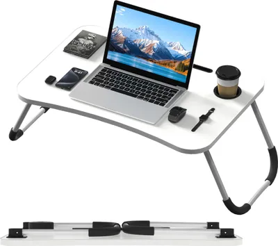 Zdjęcie produktu dla XMTECH Składany stolik pod laptopa, 60 x 40 cm, taca do łóżka, stolik pod laptopa do łóżka, sofa, taca śniadaniowa, stolik do czytania, z uchwytem na kubek, do biura, salonu i podróży - Biały