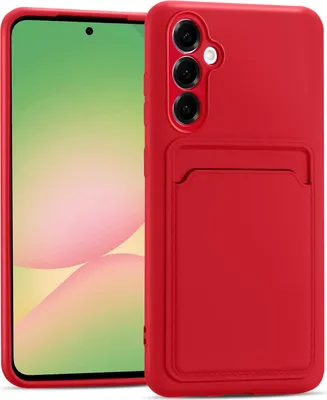 A red phone case with a card slot is shown next to a phone.