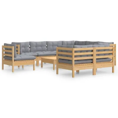 Produktbild von 10-tlg. Garten-Lounge-Set mit Grauen Kissen Kiefer Massivholz