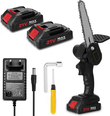 Produktbild von KKmoon Kettensäge, 6 Zoll 21V Elektro-Kettensäge, Tragbare Handgeführte Akku Kettensäge für Gartenarbeit Baumbeschneidung Holzschneiden, 2 Batterie und Ladegerät enthalten