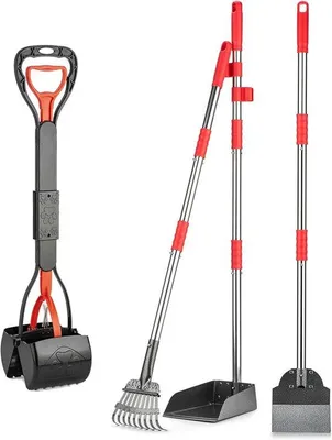 Produktbild von Famanu Hundekot-Schaufel mit langem Griff - Edelstahl-Kotset für die Entfernung von Haustierabfällen