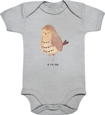 Produktbild von Mr. & Mrs. Panda Strampler Eule Zufrieden 12. - 18. Monat - Heather Grey - Geschenk, Kurzarmbody, babyanzug, Romantisch, babykleidung body, Baby, Waldtier, Owl, Einteiler