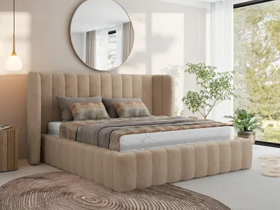 Produktbild von MKS Meble Premium Polsterbett GOLETTA CLASSIC mit Bettkasten & Stauraum 140 x 200 cm, Gasdruckfedern, Inkl. Lattenrost, Modernes Design Ehebett, Pocket Matratze - VIRE LUX - Beige Plüsch