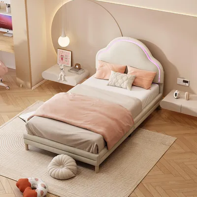 Image de MODFU Lit simple 90x200 cm Tête de Lit Nuage avec LED et Lattes en Bois - Beige