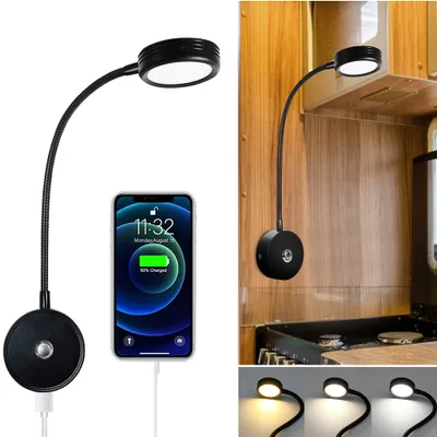 Produktbild von 1x nástěnná lampa na čtení, 12V LED nástěnné světlo s vypínačem, nástěnná lampa na husím krku černá, stmívatelné světlo na čtení pro obytný automobil, karavan, loď