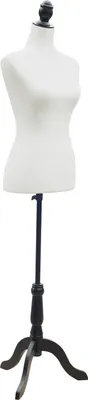 A white mannequin torso on a black stand against a white background.