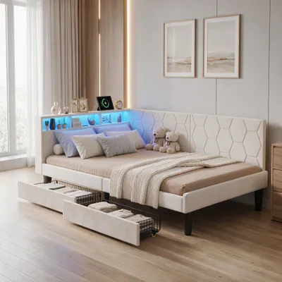 Zdjęcie produktu dla Łóżko tapicerowane INONEFT, sofa łóżko 140x200 cm z oświetleniem LED i portami USB, łóżko jednoosobowe z zagłówkiem, pojemnikiem na pościel i 2 szufladami, łóżko młodzieżowe z materacem sprężynowym, obita welurem, kolor beżowy