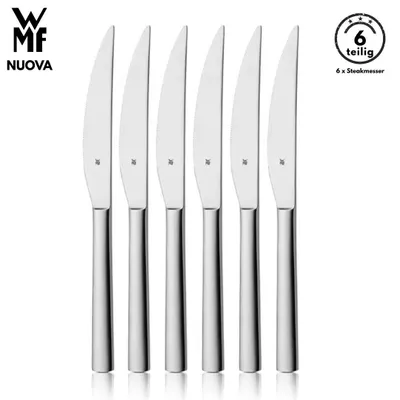 Produktbild von WMF Nuova Steakmesser 23 cm, 6tlg, Cromargan Edelstahl 18/10 poliert kratzbeständig spülmaschinenfest Monoblock geschmiedet, Menümesser, Messer set