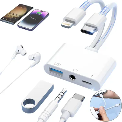 Produktbild von Type-C Adapter,Lightning + USB C auf 3.5mm Kopfhörer Adapter 3 in 1 mit Ladegerät OTG USB Adapter, für iPhone Sam-sung Xiao-mi