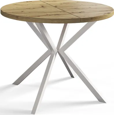 Produktbild von Runder Esszimmertisch LOFT LITE, ausziehbarer Tisch Durchmesser: 90 cm/170 cm, Wohnzimmertisch Farbe: Mattbraun, mit Metallbeinen in Farbe Weiß