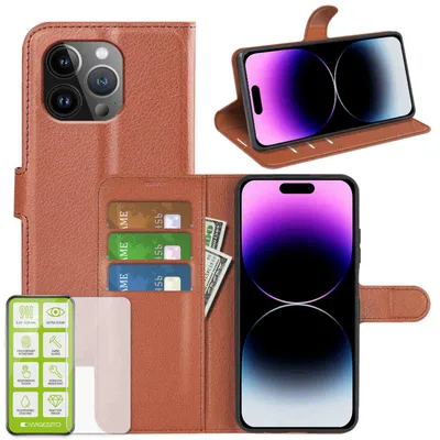 Immagine prodotto di Per Apple iPhone 15 Pro Custodia del telefono cellulare Custodia in pelle artificiale marrone + vetro temperato H9