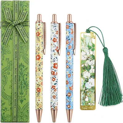 Productafbeelding van Bloemenkunstbalpenset - Set van 3 - Intrekbare bloemenbalpen met 1 bladwijzer - Intrekbare gelbalpen