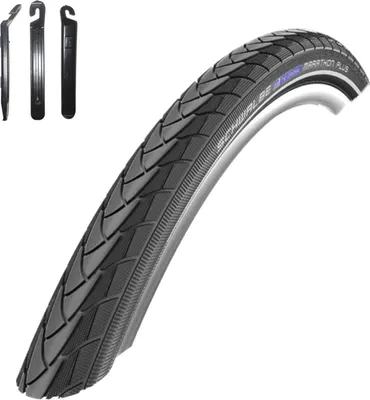 Image de 1 pneu de vélo Schwalbe Marathon Plus, anti-crevaison, 28 pouces, noir, avec bandes réfléchissantes, dimensions 25-622 (28 x 1,00), incluant des démonte-pneus