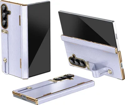 Obrázek produktu pro kožené pouzdro na Samsung Galaxy Z Fold 7 s poutkem na ruku, stojánkem a ochranou pantu Fialová
